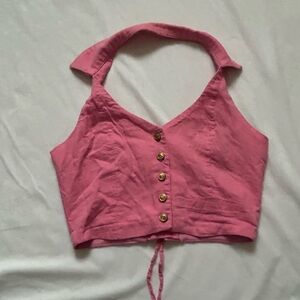Elegant Pink Button-Up Halter Crop Top